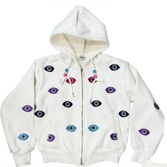 Lola + The Boys Tops - Lola + The Boys Evil Eye Hoodie Womens White Beaded Embroidered Zip Sz M